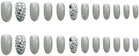 Xerling Bling Silver Glitter Oval Press On Nails with Rhinestones for Women 24 Pcs - Image 3