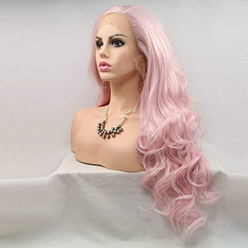xiweiya Baby Pink Wig Long Body Wave Light Pink Synthetic Lace Front Wig Heat Resistant Fiber Hair Wig Middle Part Cosplay Wig 24inch - Image 3