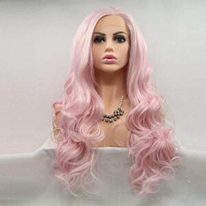 xiweiya Baby Pink Wig Long Body Wave Light Pink Synthetic Lace Front Wig Heat Resistant Fiber Hair Wig Middle Part Cosplay Wig 24inch