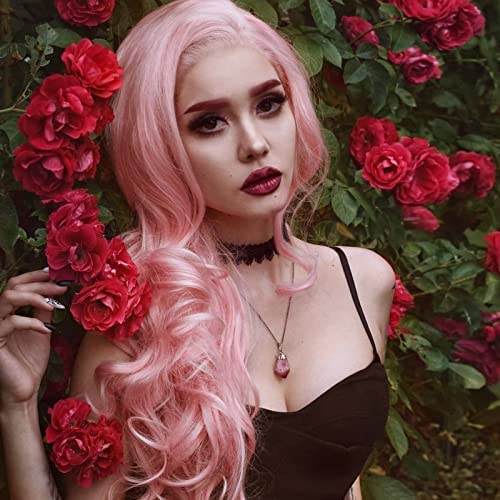 xiweiya Baby Pink Wig Long Body Wave Light Pink Synthetic Lace Front Wig Heat Resistant Fiber Hair Wig Middle Part Cosplay Wig 24inch - Image 9