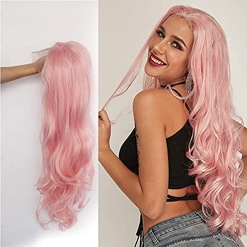 xiweiya Baby Pink Wig Long Body Wave Light Pink Synthetic Lace Front Wig Heat Resistant Fiber Hair Wig Middle Part Cosplay Wig 24inch - Image 6