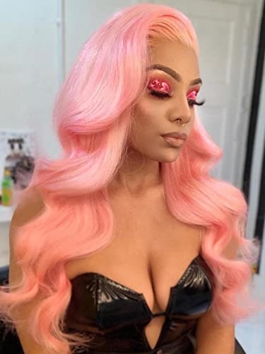 xiweiya Baby Pink Wig Long Body Wave Light Pink Synthetic Lace Front Wig Heat Resistant Fiber Hair Wig Middle Part Cosplay Wig 24inch - Image 5