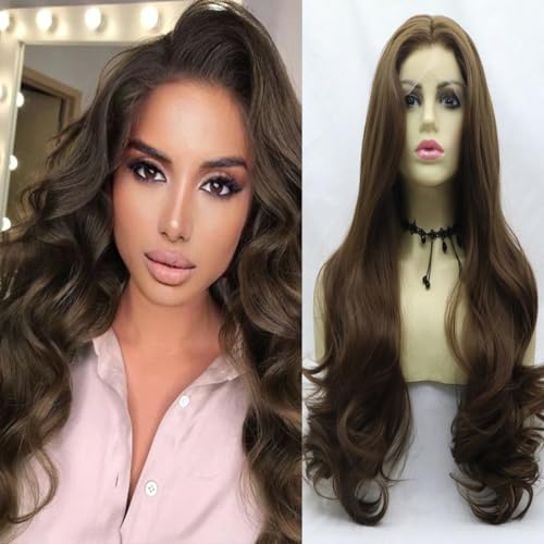 xiweiya Dark Brown Lace Front Wig Long Body Wave Chestnut Mixed color Side Part Glueless Natural Hairline 13x3 Lace Front Wigs Heat Resistant Hair for Women 24inch