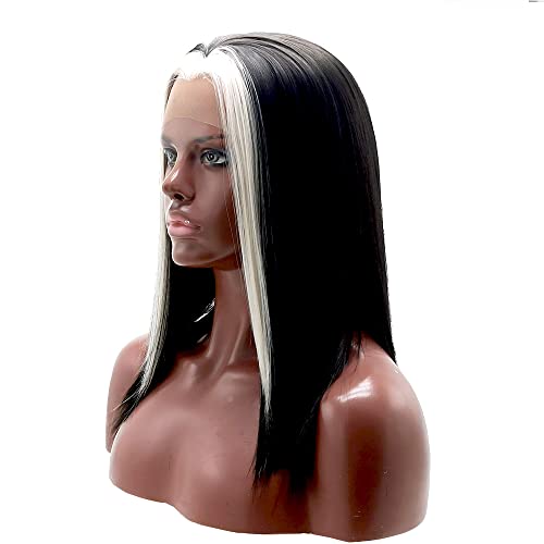 xiweiya Long Black Mixed White Highlight Lace Frontal Wig Mermaid Long Soft Straight Hair Middle Part Heat Resistant Fiber Hair Replacement Lace Wig for Women Drag Queen Party 18 Inch - Image 2