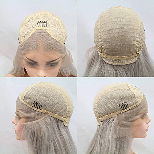 xiweiya Silver Gray Wigs Long Natural Straight Hair 13 * 3 Lace Ash Platinum Blonde Wigs For Women Grey Wig Heat Resistant Fiber Hair Middle Parting Wigs for Women 24inch - Image 7