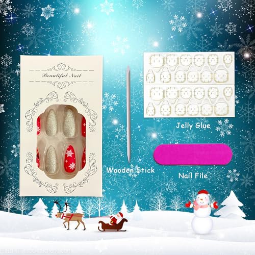 Xmas White Snowflake Long Almond Press on Nails Silver Glitter for Women Set - Image 5