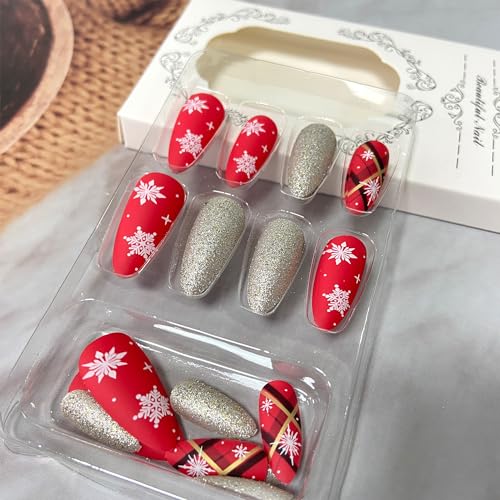 Xmas White Snowflake Long Almond Press on Nails Silver Glitter for Women Set - Image 3