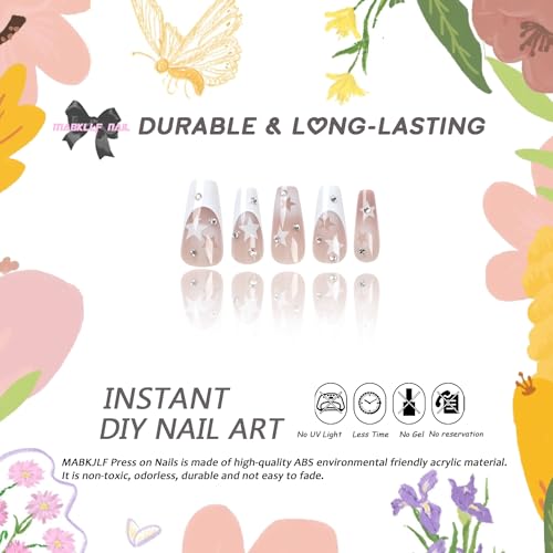 Y2K Press on Nails Long Coffin MABKJLF French Tip Fake Nails Nude Full Cover White Star False Nails with Designs Gradient Acrylic Nails Rhinestone Glossy Glue on Nails for Women Girls 24Pcs - Image 2