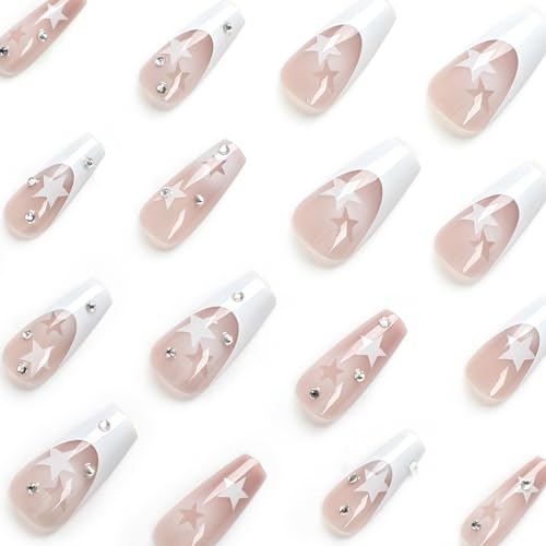 Y2K Press on Nails Long Coffin MABKJLF French Tip Fake Nails Nude Full Cover White Star False Nails with Designs Gradient Acrylic Nails Rhinestone Glossy Glue on Nails for Women Girls 24Pcs - Image 5