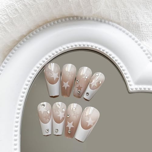 Y2K Press on Nails Long Coffin MABKJLF French Tip Fake Nails Nude Full Cover White Star False Nails with Designs Gradient Acrylic Nails Rhinestone Glossy Glue on Nails for Women Girls 24Pcs - Image 3
