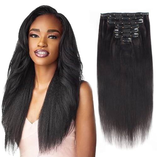 Yaki Straight Clip in Human Hair Extension Double Weft Straight Clip in Hair Extension Human Hair Brazilian Black Women Thick 18Inch Natural Black Yaki Clip ins Hair 120G 7 Pieces With 17 Clips