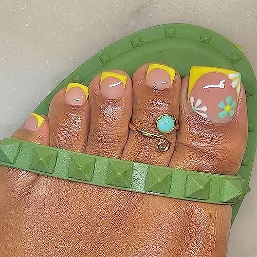 Yellow Floral Toe Nails Set 24 Pieces Easy Home Nail Art