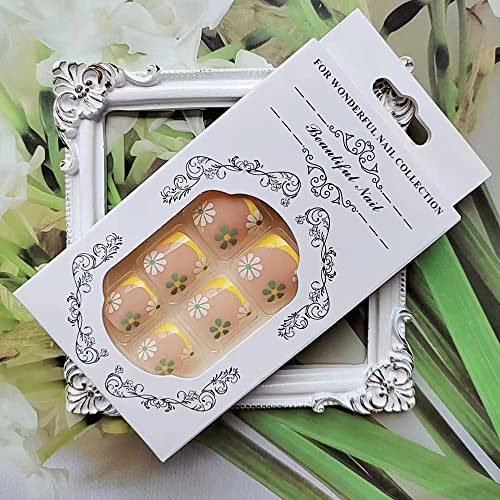 24 Pcs Short Square Yellow French Tip Toenails with Floral Design, Full Cover - Image 5