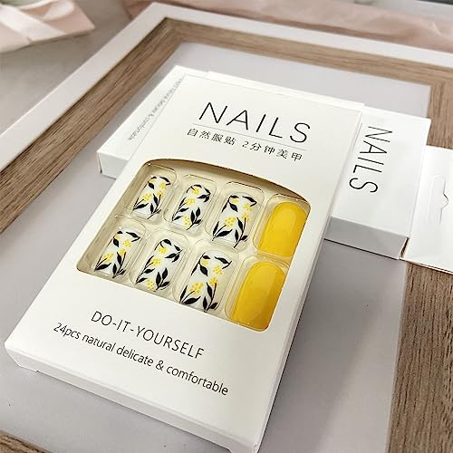 Yellow Press on Nails Medium Square Fake Nails Glossy False Nails With Leaves Flowers Designs Full Cover Stick on Nails Acrylic Coffin Artificial Nails Glue on Nails for Women Girls 24Pcs - Image 4