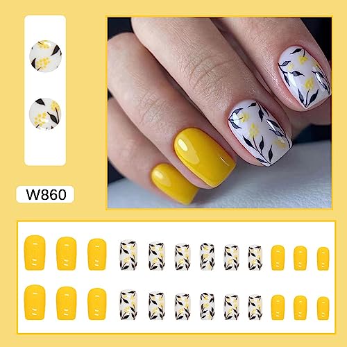 Yellow Press on Nails Medium Square Fake Nails Glossy False Nails With Leaves Flowers Designs Full Cover Stick on Nails Acrylic Coffin Artificial Nails Glue on Nails for Women Girls 24Pcs - Image 2