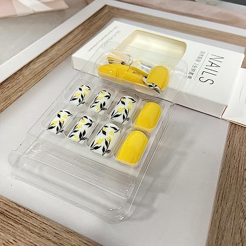 Yellow Press on Nails Medium Square Fake Nails Glossy False Nails With Leaves Flowers Designs Full Cover Stick on Nails Acrylic Coffin Artificial Nails Glue on Nails for Women Girls 24Pcs - Image 5