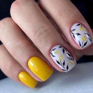 Yellow Press on Nails Medium Square Fake Nails Glossy False Nails With Leaves Flowers Designs Full Cover Stick on Nails Acrylic Coffin Artificial Nails Glue on Nails for Women Girls 24Pcs