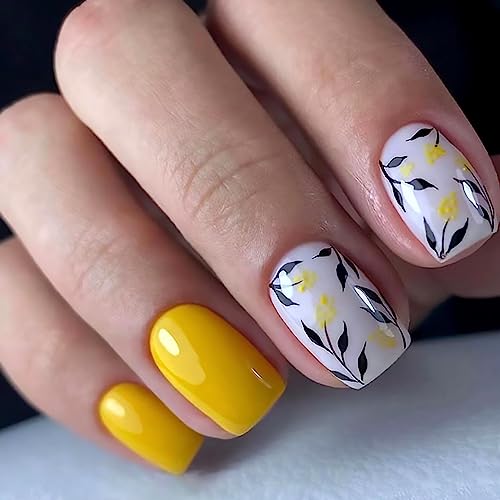 Yellow Press on Nails Medium Square Fake Nails Glossy False Nails With Leaves Flowers Designs Full Cover Stick on Nails Acrylic Coffin Artificial Nails Glue on Nails for Women Girls 24Pcs