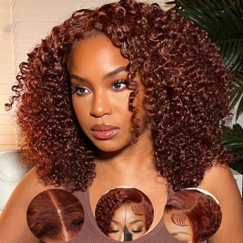YIROO Reddish Brown Kinky Curly Wig 7X5 Lace front Wigs Human Hair Bleached Knots Wig Wear and Go Glueless Wig 12A Brazilian Copper Colored Wigs Dark Auburn Wig Pre Cut Lace 180% Density 20inch