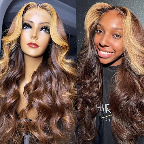 YMSGIRL #4 Dark Brown Mixed Honey Blonde Lace Front Wigs For Black Women Skunk Stripe Wig Human Hair Lace Front Body Wave With Streaks Colored 5x5 Closure Wig Highlight Wig Hair 20 Inch…