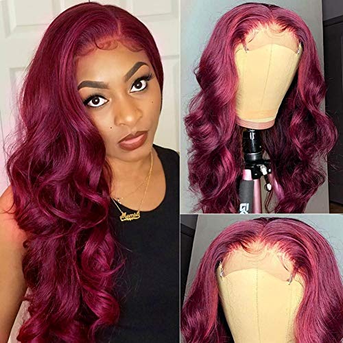YMSGIRL Burgundy 99J 20 Inch Human Hair 4x4 Body Wave Closure Wig for Black Women