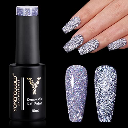 YOKE FELLOW Reflective Glitter Gel Nail Polish, 10ML Flash Diamond Disco DJ Shimmer Sparkly Shiny Soak Off UV Gel Polish Varnish, Salon Home DIY Manicure 0.33FL OZ (Grey)
