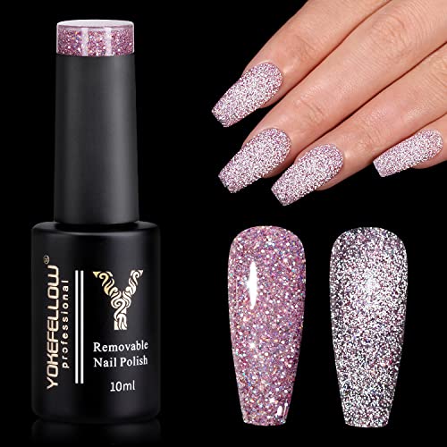 YOKE FELLOW Reflective Glitter Gel Nail Polish, 10ML Flash Diamond Disco DJ Shimmer Sparkly Shiny Soak Off UV Gel Polish Varnish, Salon Home DIY Manicure 0.33FL OZ (Purple)