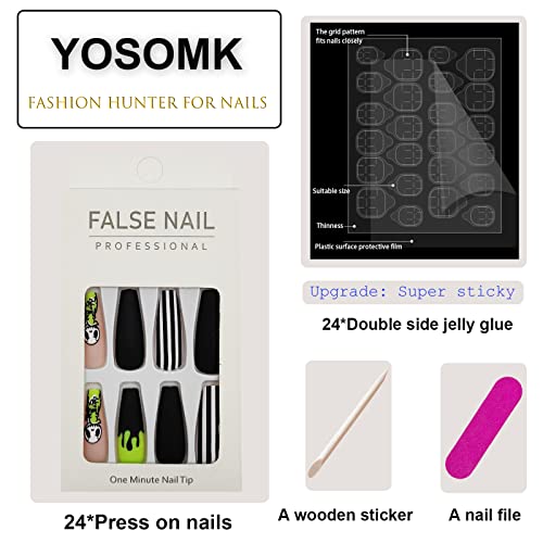 YOSOMK Black Press on Nails Long Skeleton Stripe Coffin Fake Nails with Designs Glossy False Nails for Women Girls Stick on Nails with Glue on Acrylic Nail Tips - Image 2