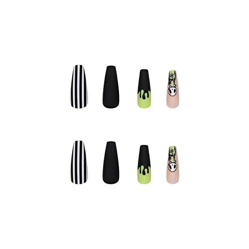 YOSOMK Black Press on Nails Long Skeleton Stripe Coffin Fake Nails with Designs Glossy False Nails for Women Girls Stick on Nails with Glue on Acrylic Nail Tips - Image 5