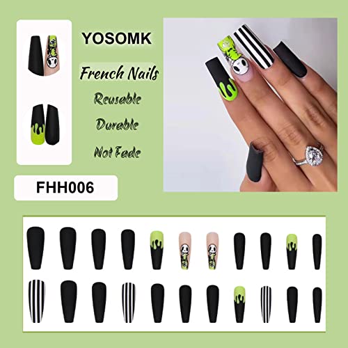 YOSOMK Black Press on Nails Long Skeleton Stripe Coffin Fake Nails with Designs Glossy False Nails for Women Girls Stick on Nails with Glue on Acrylic Nail Tips - Image 3