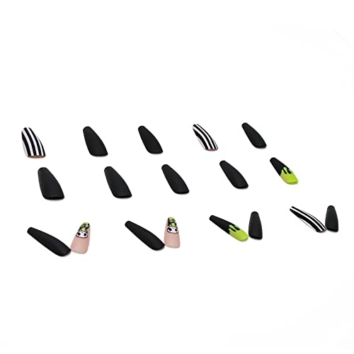 YOSOMK Black Press on Nails Long Skeleton Stripe Coffin Fake Nails with Designs Glossy False Nails for Women Girls Stick on Nails with Glue on Acrylic Nail Tips - Image 6
