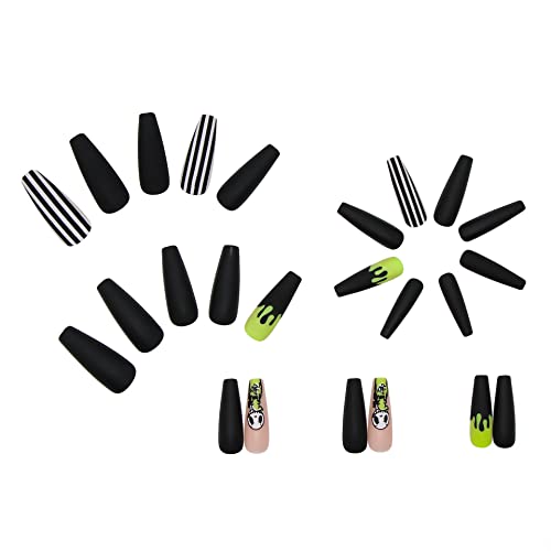 YOSOMK Black Press on Nails Long Skeleton Stripe Coffin Fake Nails with Designs Glossy False Nails for Women Girls Stick on Nails with Glue on Acrylic Nail Tips - Image 4