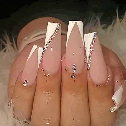YOSOMK French Tip Press on Nails Long with Designs Pink and White Rhinestones False Fake Nails Press On Coffin Artificial Nails for Women Stick on Nails With Glue on Static nails
