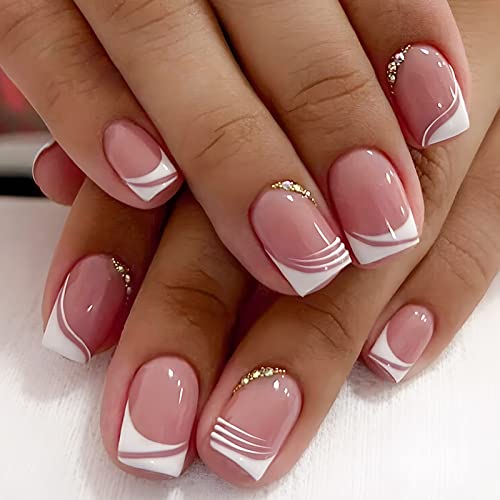 YOSOMK French Tip Press on Nails Short Square Fake Nails with Rhinestones Designs Nude Pink Glue on Acrylic Nails Glossy Stick on False Nails for Women