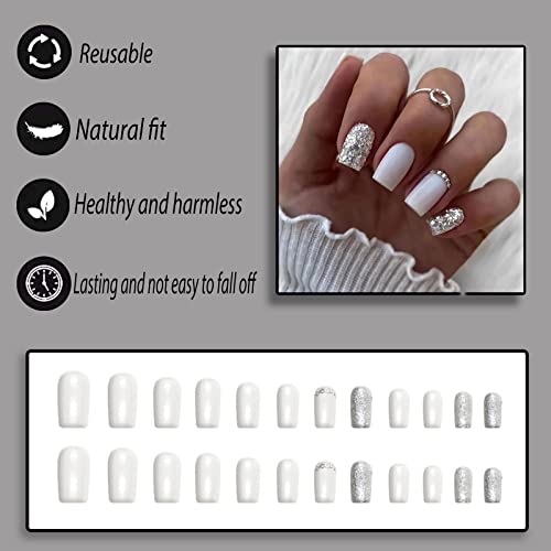 YOSOMK Luxury White Press on Nails Short Fake Nails with Silver Glitter Designs Glossy Acrylic Stick on Nails for Women and Girls - Image 2