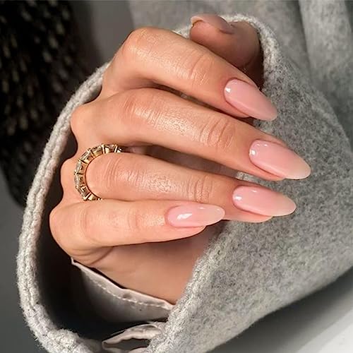 YOSOMK Nude Pink Press on Nails Medium Almond Fake Nails with Simple Designs Glossy Natural Stick on Nails Acrylic Full Cover False Nails for Women
