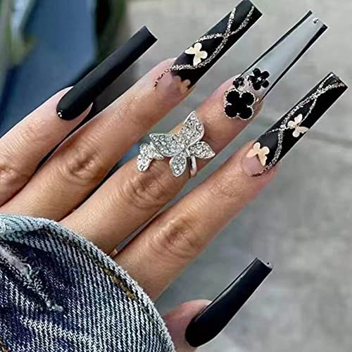 YoYoee 24PCS Black Butterfly Coffin Press-On Acrylic Nails - Medium Size