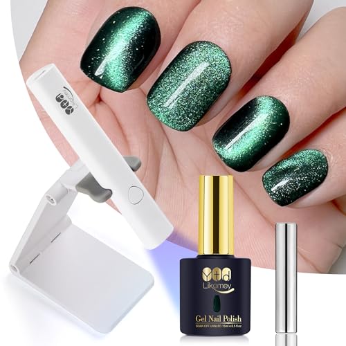 Likomey 15ml Cat Eye Gel Nail Polish Kit with Green Holographic Glitter UV LED Lamp