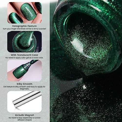 Likomey 15ml Cat Eye Gel Nail Polish Kit with Green Holographic Glitter UV LED Lamp - Image 4