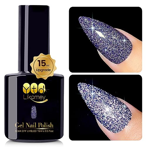 YTD Likomey Reflective Glitter Gel Nail Polish,15ml Galaxy Colorful Navy Blue Flash Diamond Shimmer Gel,Super Sparkly Shiny Manicure UV Gel Varnish
