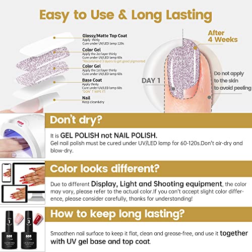 YTD Likomey Reflective Glitter Nail Gel Set,Falsh 6 Colors with Base and Top Coat Shimmer Black Silver Pink Blue Red Gold Diamond Sparkle UV Varnish,8 Pcs 7.5ml - Image 7