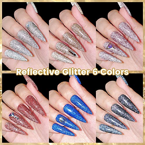 YTD Likomey Reflective Glitter Nail Gel Set,Falsh 6 Colors with Base and Top Coat Shimmer Black Silver Pink Blue Red Gold Diamond Sparkle UV Varnish,8 Pcs 7.5ml - Image 2
