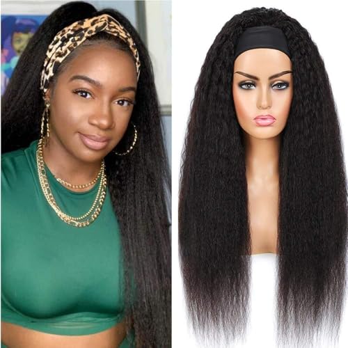 Zealady Kinky Straight Headband Wig Human Hair For Black Women 180 Density Yaki Straight Headband Wig Human Hair Glueless Human Hair Wigs 18 inch