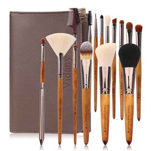15 Piece Walnut Wood Makeup Brush Set with Leather Bag for Foundation, Blush, Eyeliner