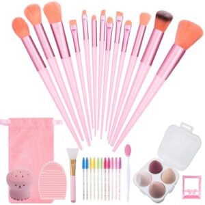 23 Piece Pink Makeup Brush Set with Beauty Blender and 4 Sponges for Flawless Application