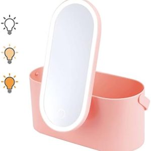 Travel Makeup Organizer Box with Mirror,Portable Cosmetic Case with 3 Colors Dimmable LED Lighting Pink Multi-Purpose Makeup Storage Train Box Mirror for Women Travel or Home(Pink)