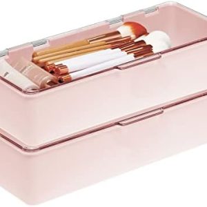 MDesign 2-Pack Long Plastic Cosmetic Organizer Box with Hinged Lid, Light Pink/Clear