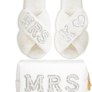 Personalized MRS Pearl Bride Slippers and White Makeup Bag Set for Wedding Day