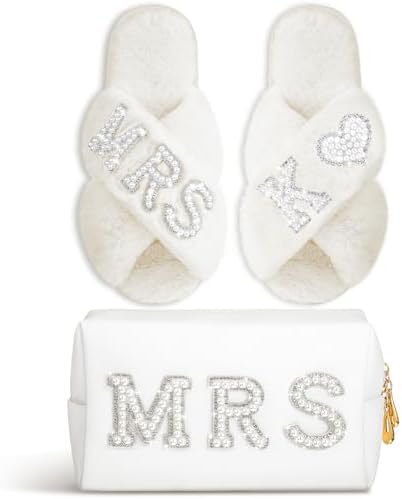 Personalized MRS Pearl Bride Slippers and White Makeup Bag Set for Wedding Day
