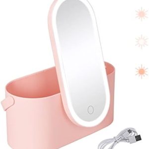 Buqikma Pink Portable Travel Makeup Organizer Box with Built-in Mirror and LED Light